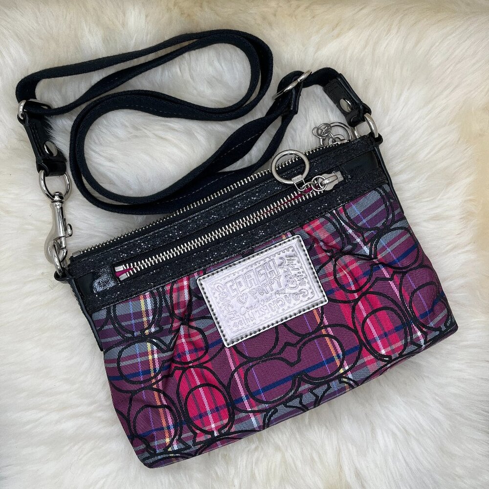Coach Poppy Pink/Purple Signature Tartan Plaid Small Crossbody